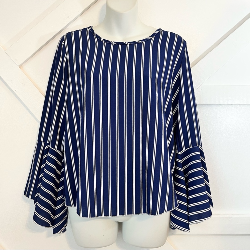 Arabella Blue and White Striped Bell Sleeve Blouse, Medium